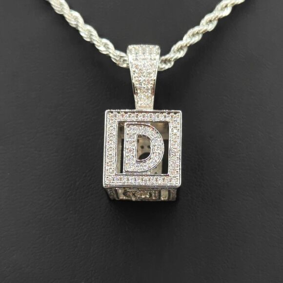 20"Rope Chain - 14K White Gold Finish Square Letter D. - Picture 4 of 7